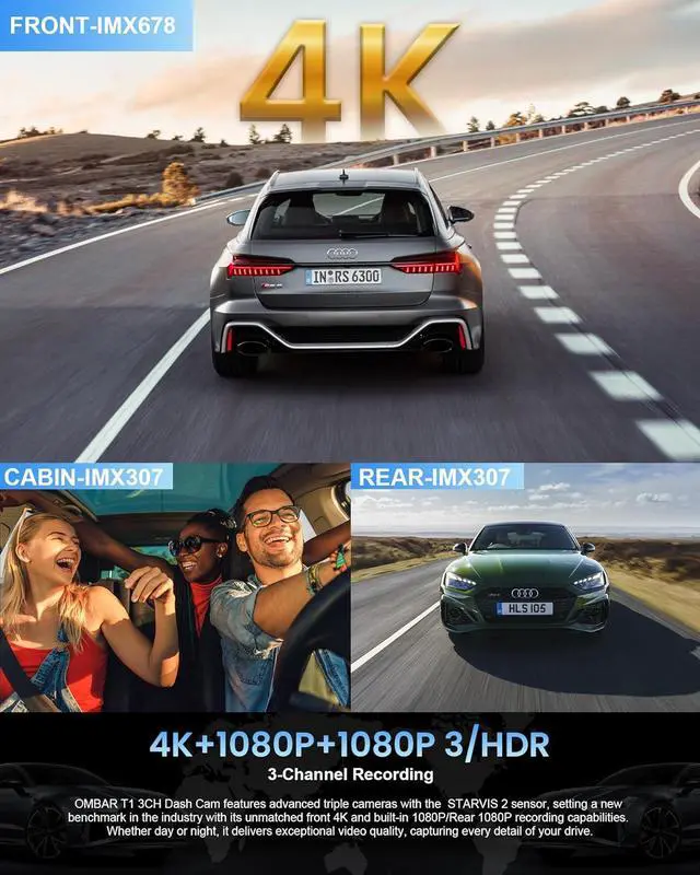 Alt view image 3 of 7 - OMBAR T1 4K 3 Channel Dash Cam, STARVIS 2 IMX678 Sensors, Free 128GB Card, 2025 New Full Color HDR Night Vision, 4K+1080P+1080P Triple Car Camera,5G WiFi, 24H Parking Mode, Support 512GB Max