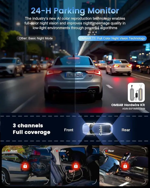 Alt view image 4 of 7 - OMBAR T1 4K 3 Channel Dash Cam, STARVIS 2 IMX678 Sensors, Free 128GB Card, 2025 New Full Color HDR Night Vision, 4K+1080P+1080P Triple Car Camera,5G WiFi, 24H Parking Mode, Support 512GB Max