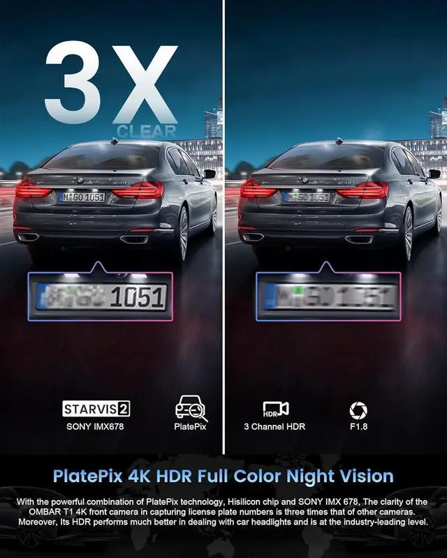 Alt view image 6 of 7 - OMBAR T1 4K 3 Channel Dash Cam, STARVIS 2 IMX678 Sensors, Free 128GB Card, 2025 New Full Color HDR Night Vision, 4K+1080P+1080P Triple Car Camera,5G WiFi, 24H Parking Mode, Support 512GB Max