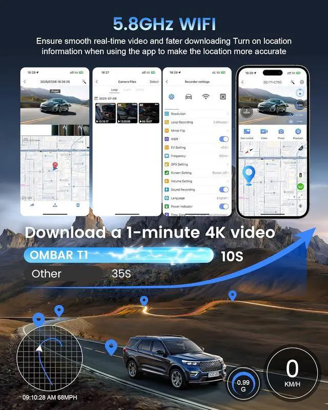 Alt view image 5 of 7 - OMBAR T1 4K 3 Channel Dash Cam, STARVIS 2 IMX678 Sensors, Free 128GB Card, 2025 New Full Color HDR Night Vision, 4K+1080P+1080P Triple Car Camera,5G WiFi, 24H Parking Mode, Support 512GB Max