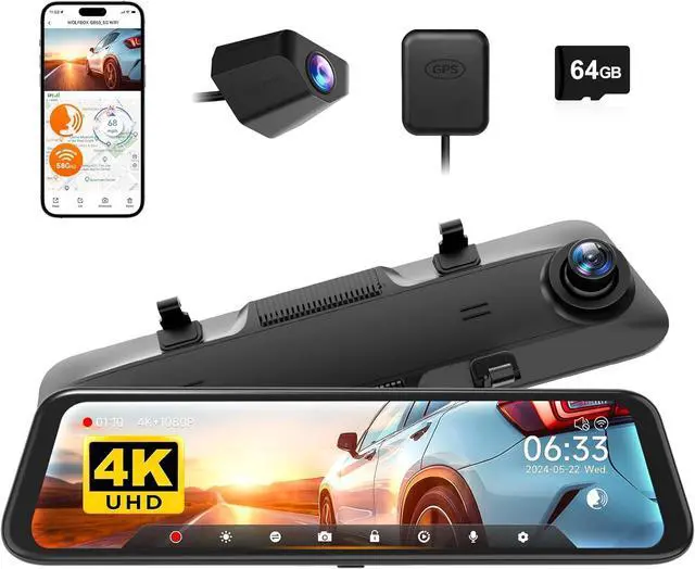 Main image of WOLFBOX 12" 4K Rear View Mirror Camera with 5.8GHz WiFi and Voice Control, Smart Mirror Dash Cam Front and Rear, Backup Camera with 1080P Rear Camera, Dash Cam with WDR, Includes 64GB Card & GPS