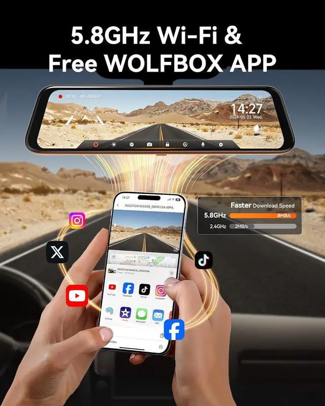 Alt view image 3 of 7 - WOLFBOX 12" 4K Rear View Mirror Camera with 5.8GHz WiFi and Voice Control, Smart Mirror Dash Cam Front and Rear, Backup Camera with 1080P Rear Camera, Dash Cam with WDR, Includes 64GB Card & GPS