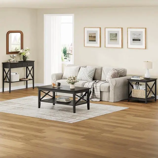 Alt view image 3 of 7 - ChooChoo Oxford Coffee Table with Thicker Legs, Black Wood Coffee Table with Storage for Living Room