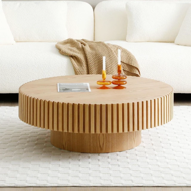 Alt view image 5 of 7 - Round Coffee Table with Fluted Design, Wood Oak