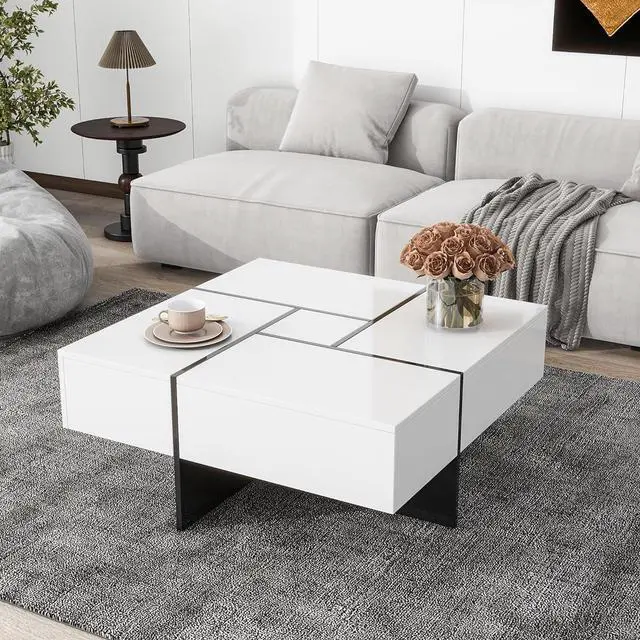 Main image of Merax Coffee Table, Modern Extendable Coffee Table with 4 Hidden Storage Compartments, UV High-Gloss Square Center Cocktail Table with Sliding Tabletop for Living Room, 31.5"x 31.5" (White)