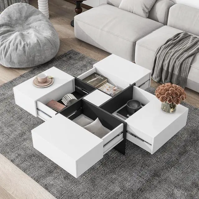 Alt view image 3 of 7 - Merax Coffee Table, Modern Extendable Coffee Table with 4 Hidden Storage Compartments, UV High-Gloss Square Center Cocktail Table with Sliding Tabletop for Living Room, 31.5"x 31.5" (White)