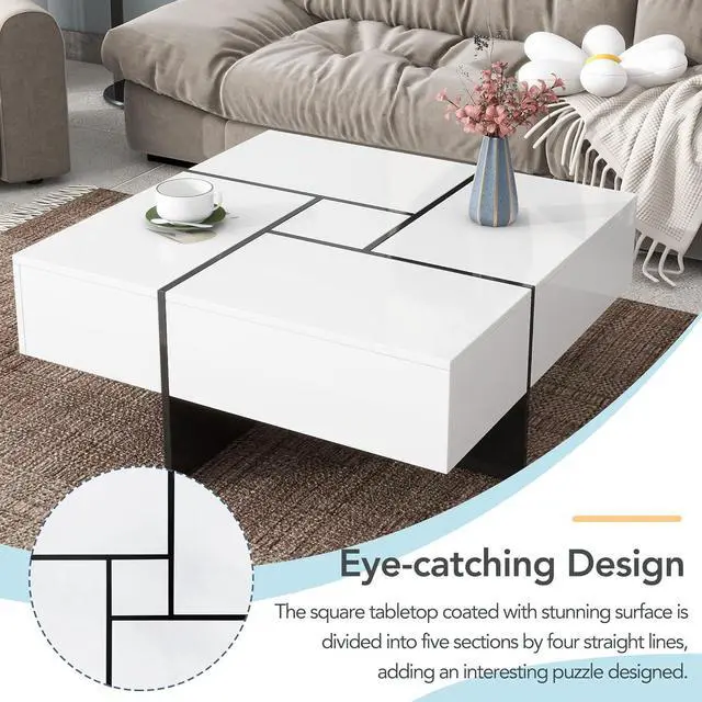 Alt view image 6 of 7 - Merax Coffee Table, Modern Extendable Coffee Table with 4 Hidden Storage Compartments, UV High-Gloss Square Center Cocktail Table with Sliding Tabletop for Living Room, 31.5"x 31.5" (White)