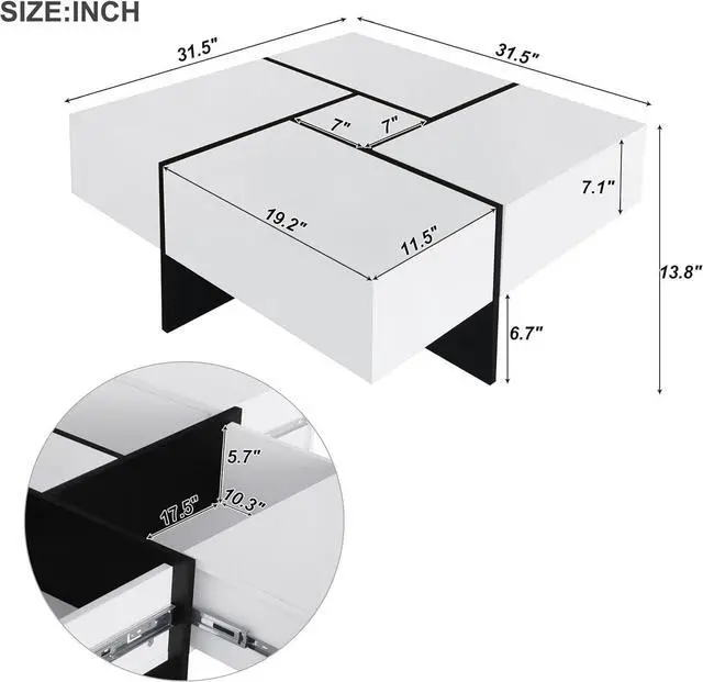 Alt view image 2 of 7 - Merax Coffee Table, Modern Extendable Coffee Table with 4 Hidden Storage Compartments, UV High-Gloss Square Center Cocktail Table with Sliding Tabletop for Living Room, 31.5"x 31.5" (White)