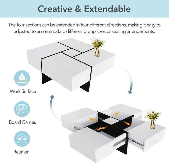 Alt view image 4 of 7 - Merax Coffee Table, Modern Extendable Coffee Table with 4 Hidden Storage Compartments, UV High-Gloss Square Center Cocktail Table with Sliding Tabletop for Living Room, 31.5"x 31.5" (White)