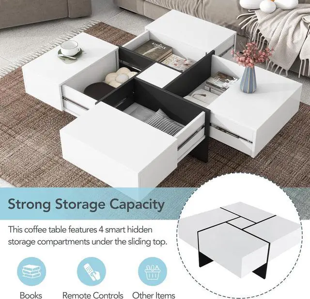 Alt view image 5 of 7 - Merax Coffee Table, Modern Extendable Coffee Table with 4 Hidden Storage Compartments, UV High-Gloss Square Center Cocktail Table with Sliding Tabletop for Living Room, 31.5"x 31.5" (White)