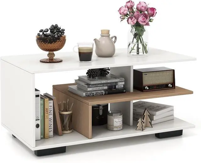 Alt view image 3 of 7 - Giantex Modern Rectangular Accent Table with L-Shaped Middle Shelf, 3-Tier Cocktail Table for Living Room (Natural and White)