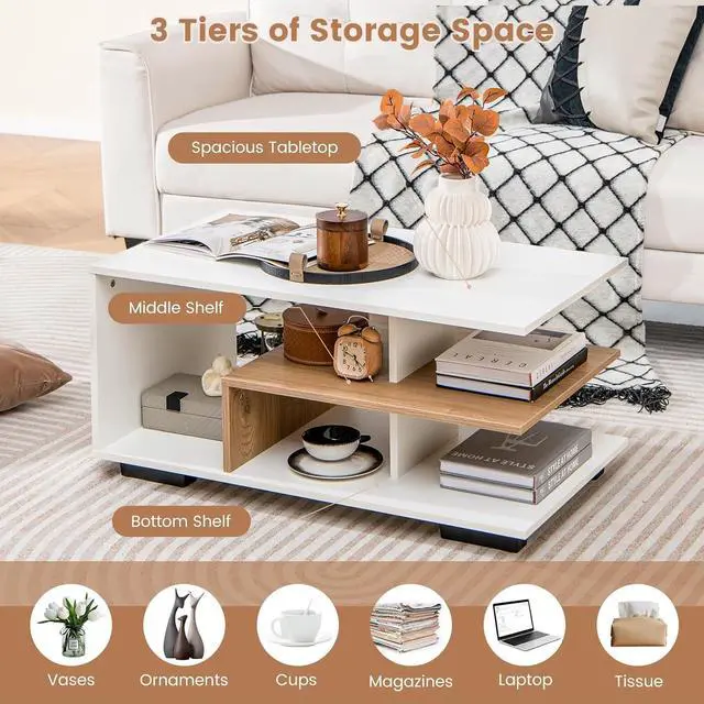 Alt view image 4 of 7 - Giantex Modern Rectangular Accent Table with L-Shaped Middle Shelf, 3-Tier Cocktail Table for Living Room (Natural and White)