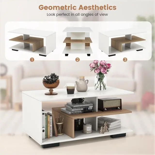 Alt view image 6 of 7 - Giantex Modern Rectangular Accent Table with L-Shaped Middle Shelf, 3-Tier Cocktail Table for Living Room (Natural and White)