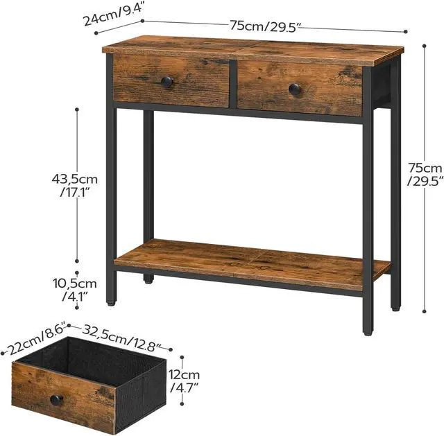 Alt view image 3 of 7 - HOOBRO 29.5" Narrow Console Table with 2 Fabric Drawers, Small Entryway Table with 2-Tier Storage Shelves, Sofa Table, Behind Couch Table, for Living Room, Hallway, Rustic Brown and Black BF71XG01