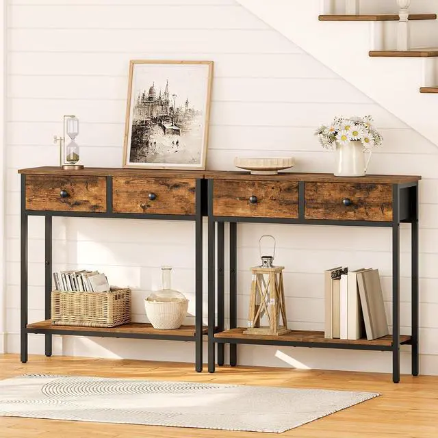 Alt view image 4 of 7 - HOOBRO 29.5" Narrow Console Table with 2 Fabric Drawers, Small Entryway Table with 2-Tier Storage Shelves, Sofa Table, Behind Couch Table, for Living Room, Hallway, Rustic Brown and Black BF71XG01