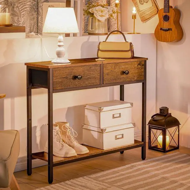 Alt view image 6 of 7 - HOOBRO 29.5" Narrow Console Table with 2 Fabric Drawers, Small Entryway Table with 2-Tier Storage Shelves, Sofa Table, Behind Couch Table, for Living Room, Hallway, Rustic Brown and Black BF71XG01