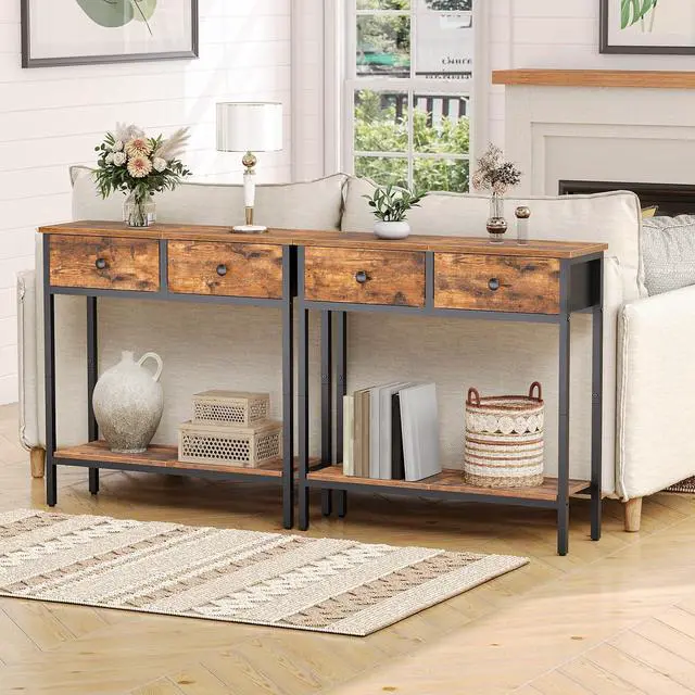 Alt view image 7 of 7 - HOOBRO 29.5" Narrow Console Table with 2 Fabric Drawers, Small Entryway Table with 2-Tier Storage Shelves, Sofa Table, Behind Couch Table, for Living Room, Hallway, Rustic Brown and Black BF71XG01