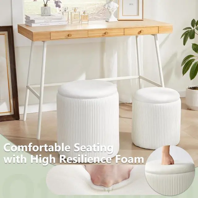 Alt view image 5 of 7 - Round Ottoman with Storage Set of 2,Vanity Stool with Storage for Bedroom, Ottoman Coffee Table,Small Velvet Foot Stool for Living Room, White