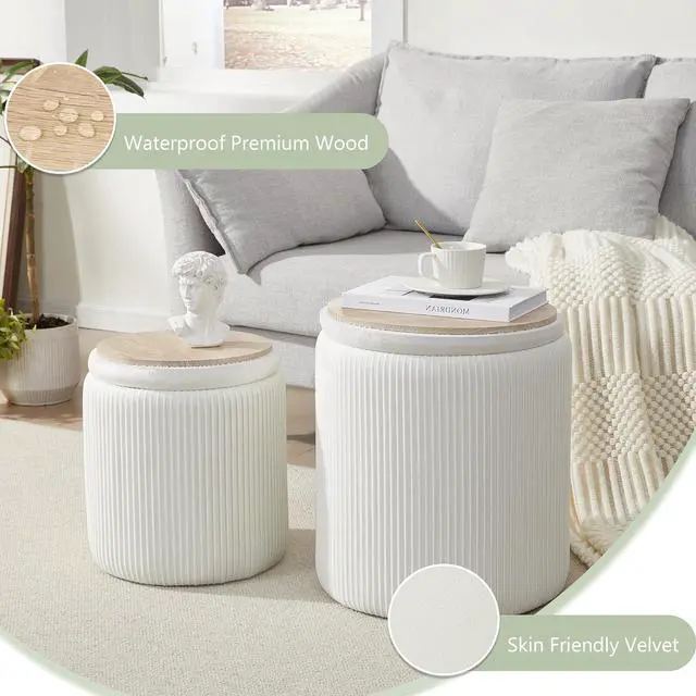 Alt view image 6 of 7 - Round Ottoman with Storage Set of 2,Vanity Stool with Storage for Bedroom, Ottoman Coffee Table,Small Velvet Foot Stool for Living Room, White