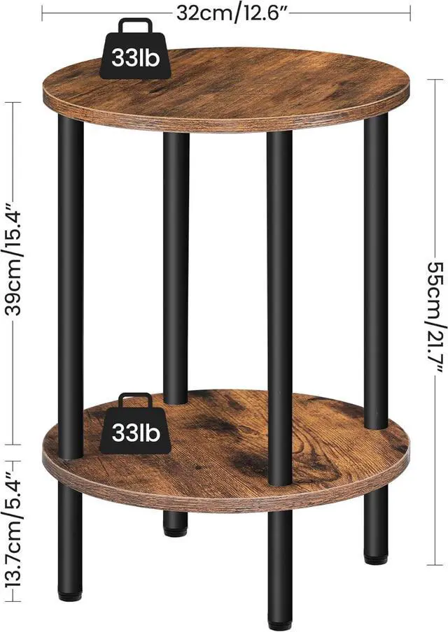 Alt view image 2 of 7 - Round Side Table, 2-Tier End Table, Small Round Nightstand with Sturdy Metal Tube, Industrial Circular Coffee Table, for Living Room, Bedroom, Rustic Brown and Black TBZ01BF