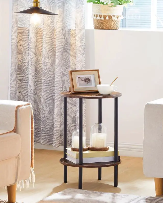 Alt view image 3 of 7 - Round Side Table, 2-Tier End Table, Small Round Nightstand with Sturdy Metal Tube, Industrial Circular Coffee Table, for Living Room, Bedroom, Rustic Brown and Black TBZ01BF