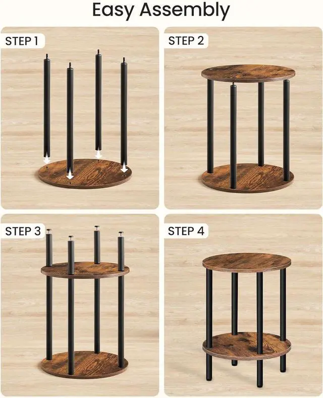 Alt view image 5 of 7 - Round Side Table, 2-Tier End Table, Small Round Nightstand with Sturdy Metal Tube, Industrial Circular Coffee Table, for Living Room, Bedroom, Rustic Brown and Black TBZ01BF