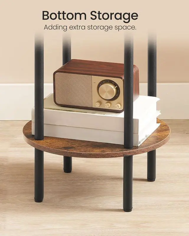 Alt view image 7 of 7 - Round Side Table, 2-Tier End Table, Small Round Nightstand with Sturdy Metal Tube, Industrial Circular Coffee Table, for Living Room, Bedroom, Rustic Brown and Black TBZ01BF