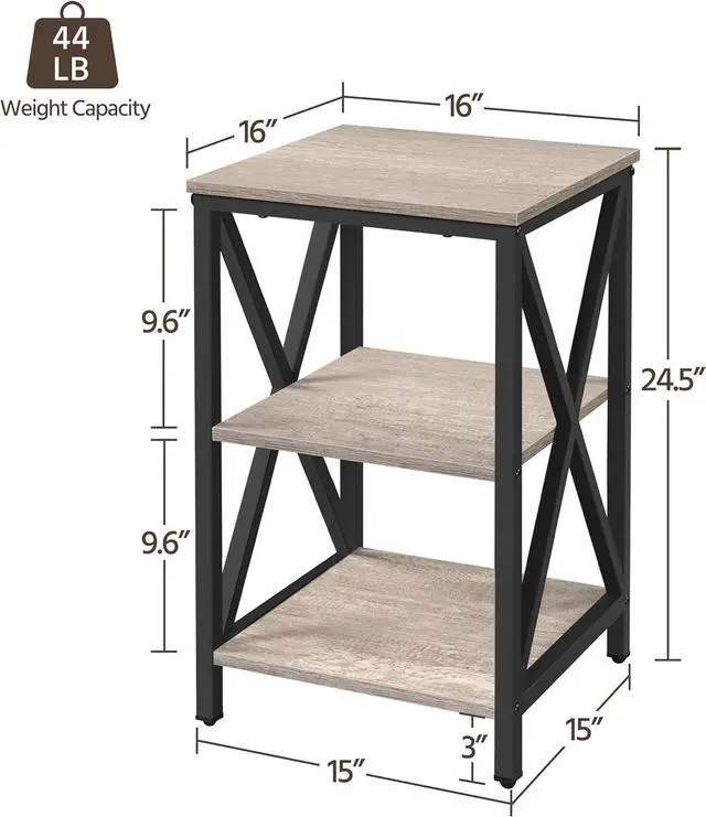 Alt view image 3 of 7 - Yaheetech Industrial End Tables Set of 2, 3-Tier Side Tables with Storage Shelves for Living Room, X Design Sofa Tables, Strong Metal Frame, Easy Assembly, 16x16x24.5 in, Gray