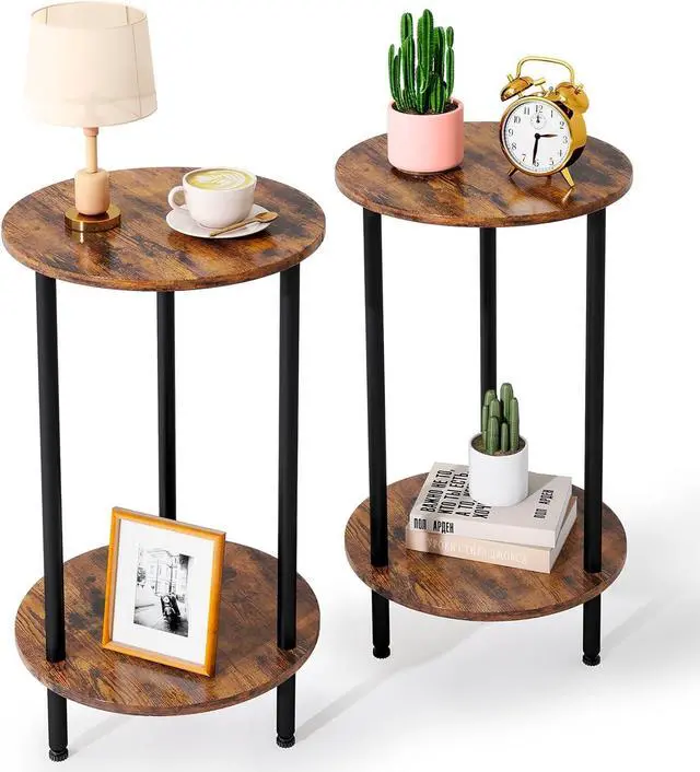 Main image of Round Side Table Set of 2, 2-Tier End Table, Small Round Nightstands with Storage, Modern Accent/Bedside Table for Living Room, Bedroom-Brown