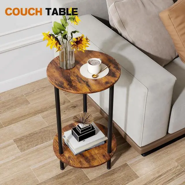 Alt view image 3 of 6 - Round Side Table Set of 2, 2-Tier End Table, Small Round Nightstands with Storage, Modern Accent/Bedside Table for Living Room, Bedroom-Brown