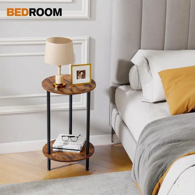 Alt view image 4 of 6 - Round Side Table Set of 2, 2-Tier End Table, Small Round Nightstands with Storage, Modern Accent/Bedside Table for Living Room, Bedroom-Brown