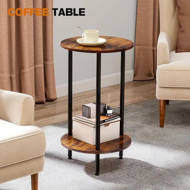 Alt view image 5 of 6 - Round Side Table Set of 2, 2-Tier End Table, Small Round Nightstands with Storage, Modern Accent/Bedside Table for Living Room, Bedroom-Brown