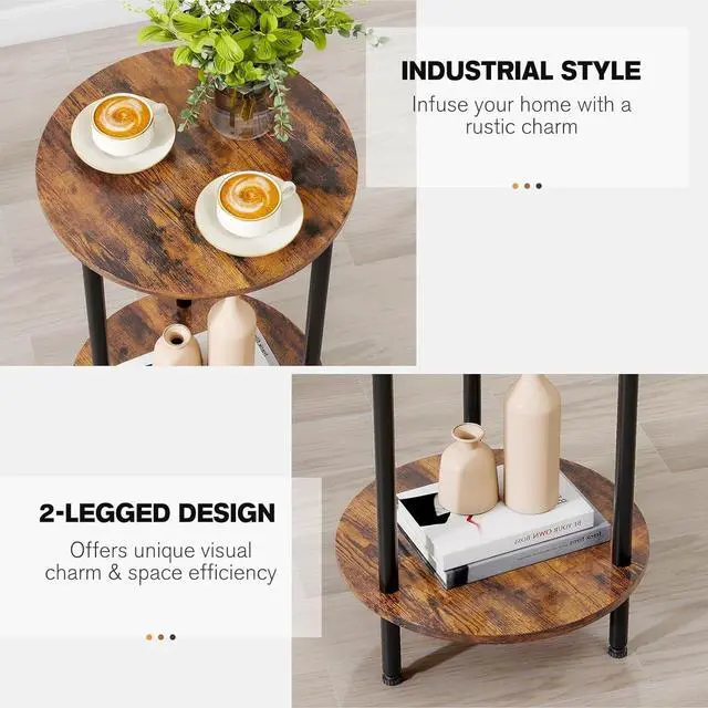 Alt view image 6 of 6 - Round Side Table Set of 2, 2-Tier End Table, Small Round Nightstands with Storage, Modern Accent/Bedside Table for Living Room, Bedroom-Brown