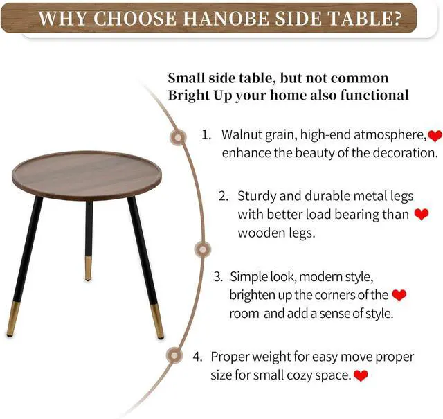 Alt view image 7 of 7 - Hanobe Small Round Side Table Decor End Tables Modern White Accent Bedside Table for Living Room Small Spaces BedroomB Farmhouse Decorative with 3 Wood Legs, Easy Assembly (Black Walnut)