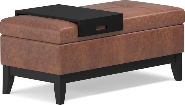Main image of SIMPLIHOME Oregon 42 inch Wide Transitional Rectangle Storage Ottoman Bench with Tray in Distressed Saddle Brown Vegan Faux Leather, Assembled, For the Living Room, Entryway and Family Room