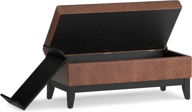 Alt view image 4 of 7 - SIMPLIHOME Oregon 42 inch Wide Transitional Rectangle Storage Ottoman Bench with Tray in Distressed Saddle Brown Vegan Faux Leather, Assembled, For the Living Room, Entryway and Family Room