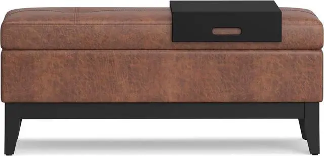 Alt view image 6 of 7 - SIMPLIHOME Oregon 42 inch Wide Transitional Rectangle Storage Ottoman Bench with Tray in Distressed Saddle Brown Vegan Faux Leather, Assembled, For the Living Room, Entryway and Family Room
