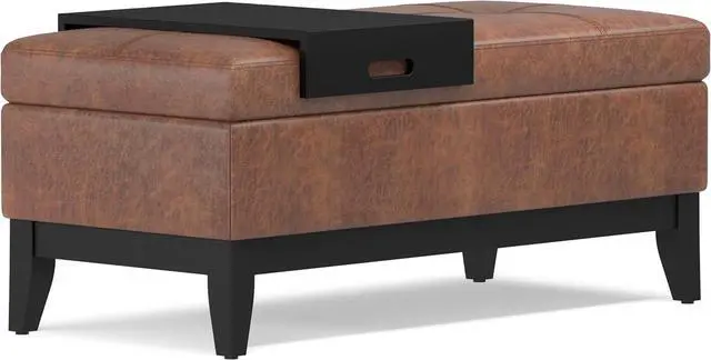 Alt view image 7 of 7 - SIMPLIHOME Oregon 42 inch Wide Transitional Rectangle Storage Ottoman Bench with Tray in Distressed Saddle Brown Vegan Faux Leather, Assembled, For the Living Room, Entryway and Family Room
