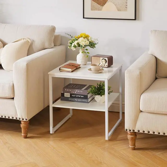 Alt view image 4 of 6 - Large End Table for Living Room, Small Table Stand 20 Inch, Fridge Stand Printer Table with Adjustable Shelf, Square Tea Coffee Table for Office White YD-TM153W