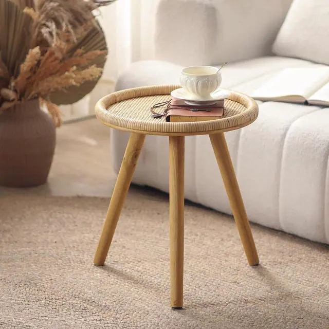 Alt view image 2 of 7 - Rattan Round Coffee Table, Boho Circle Side Table End Table for Living Room, Small Mid Century Accent Table for Bedroom Balcony