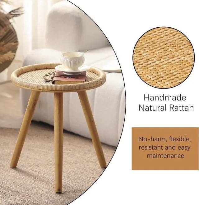 Alt view image 5 of 7 - Rattan Round Coffee Table, Boho Circle Side Table End Table for Living Room, Small Mid Century Accent Table for Bedroom Balcony