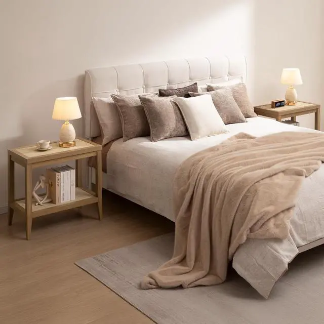 Alt view image 6 of 7 - SICOTAS Rattan Nightstands Set of 2 Bedside Table - Boho Narrow End Table Living Room Set of 2 Side Table with Rattan Storage Shelves for Small Space