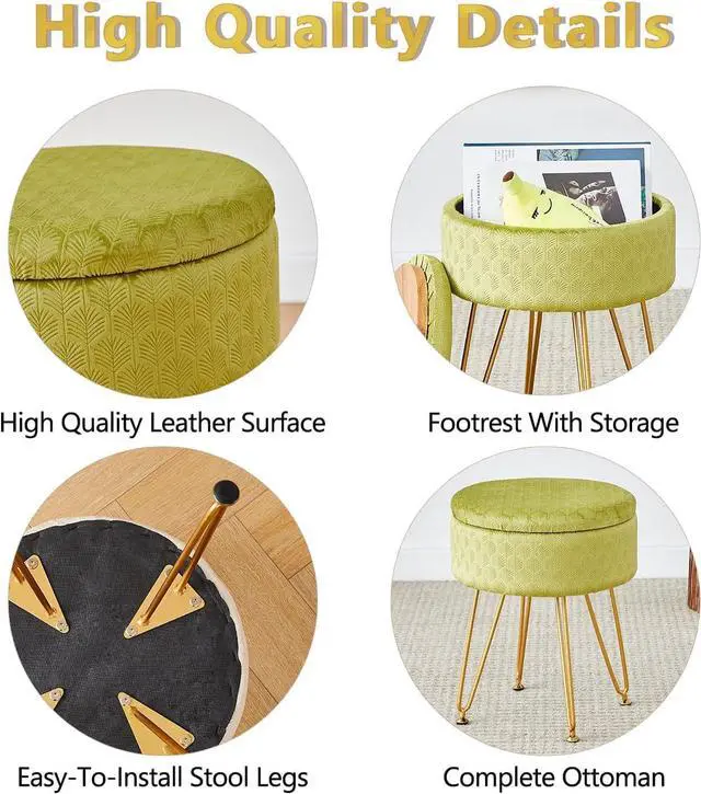 Alt view image 4 of 6 - Cpintltr Velvet Storage Ottoman Round Footrest Stool Multifunctional Upholstered Ottoman Modern Accent Vanity Stools Tray Top Coffee Table Suitable for Living Room Bedroom Entryway Macha Green