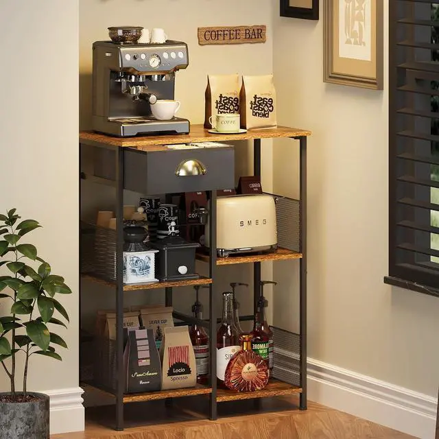 Alt view image 3 of 7 - X-cosrack Farmhouse Small Coffee Bar with Drawer, 5-Layer Staggered Coffee Stand Station for Small Space, Rustic Bar Cabinet for Kitchen, Buffet Sideboard Cabinet for Living Room, Room Cafe