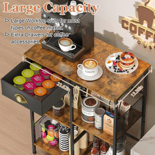 Alt view image 4 of 7 - X-cosrack Farmhouse Small Coffee Bar with Drawer, 5-Layer Staggered Coffee Stand Station for Small Space, Rustic Bar Cabinet for Kitchen, Buffet Sideboard Cabinet for Living Room, Room Cafe