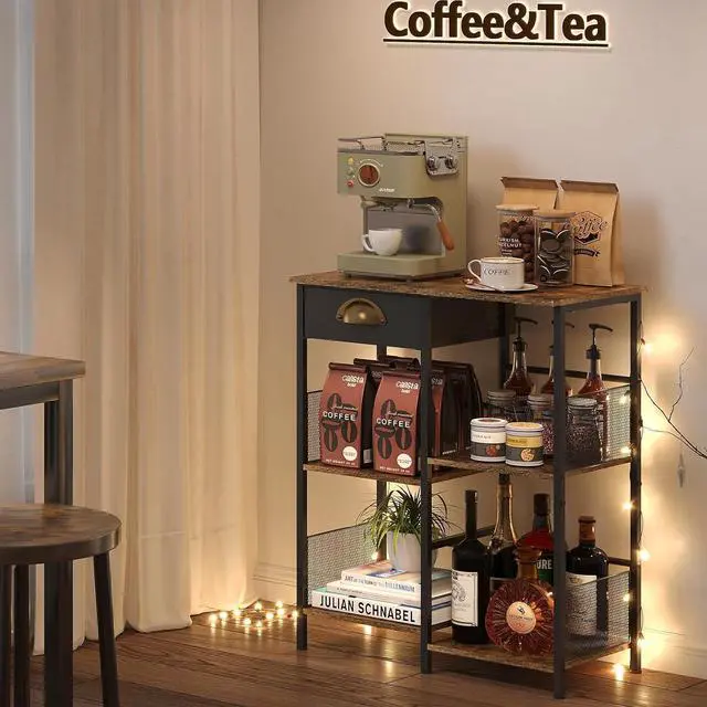 Alt view image 7 of 7 - X-cosrack Farmhouse Small Coffee Bar with Drawer, 5-Layer Staggered Coffee Stand Station for Small Space, Rustic Bar Cabinet for Kitchen, Buffet Sideboard Cabinet for Living Room, Room Cafe