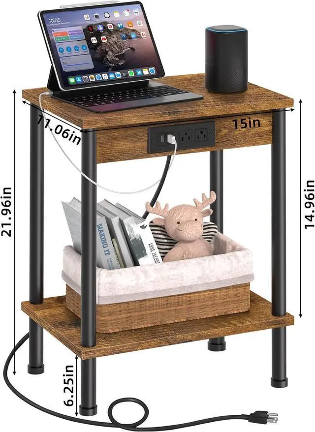 Alt view image 2 of 5 - End Table with Charging Station,Small Side Table,2-Tier Nightstand with Storage Shelf,Sofa Bedside Table for Small Spaces in Living Room,Bedroom,Office,Easy Assembly,Rustic Brown