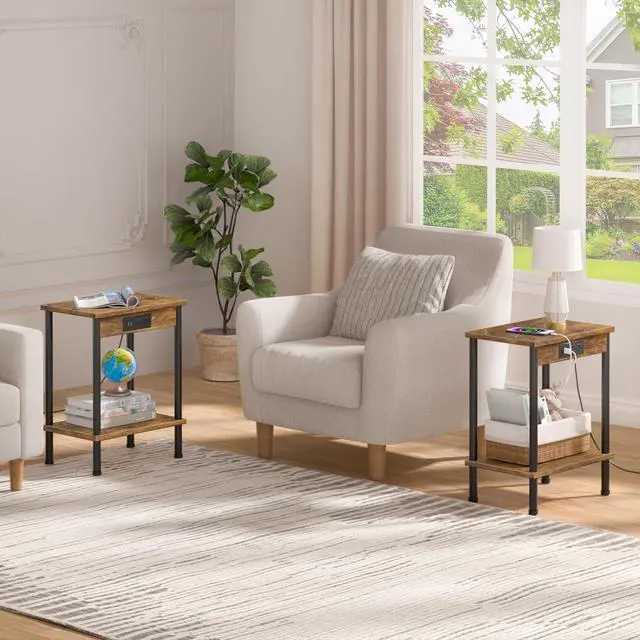 Alt view image 3 of 5 - End Table with Charging Station,Small Side Table,2-Tier Nightstand with Storage Shelf,Sofa Bedside Table for Small Spaces in Living Room,Bedroom,Office,Easy Assembly,Rustic Brown