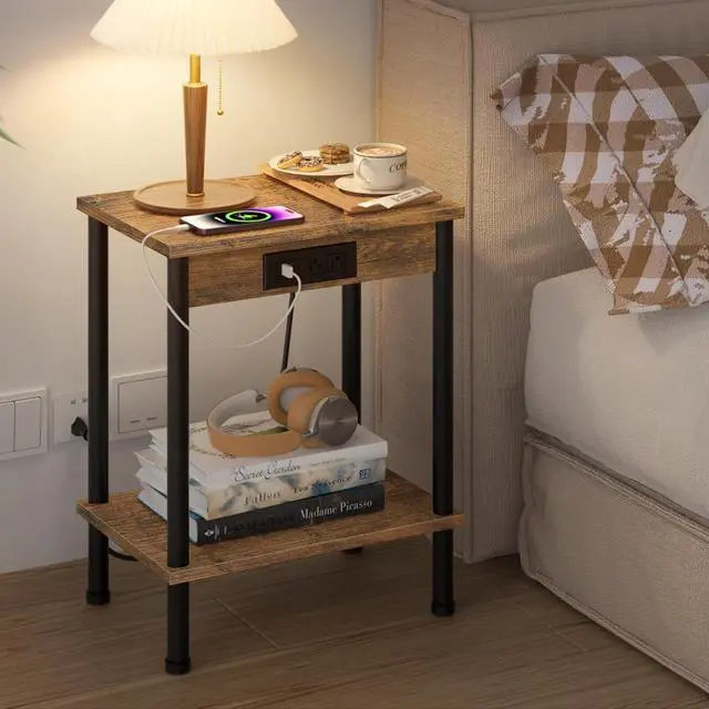 Alt view image 4 of 5 - End Table with Charging Station,Small Side Table,2-Tier Nightstand with Storage Shelf,Sofa Bedside Table for Small Spaces in Living Room,Bedroom,Office,Easy Assembly,Rustic Brown