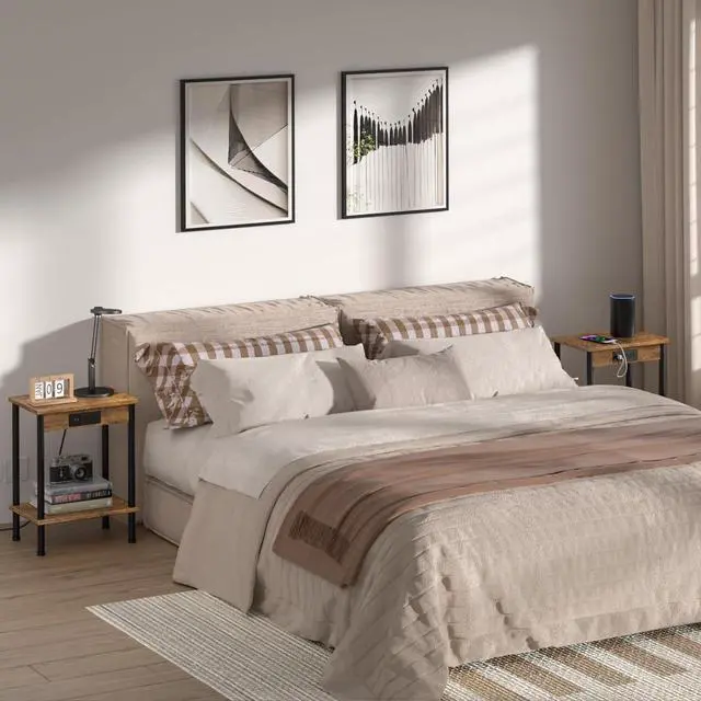 Alt view image 5 of 5 - End Table with Charging Station,Small Side Table,2-Tier Nightstand with Storage Shelf,Sofa Bedside Table for Small Spaces in Living Room,Bedroom,Office,Easy Assembly,Rustic Brown